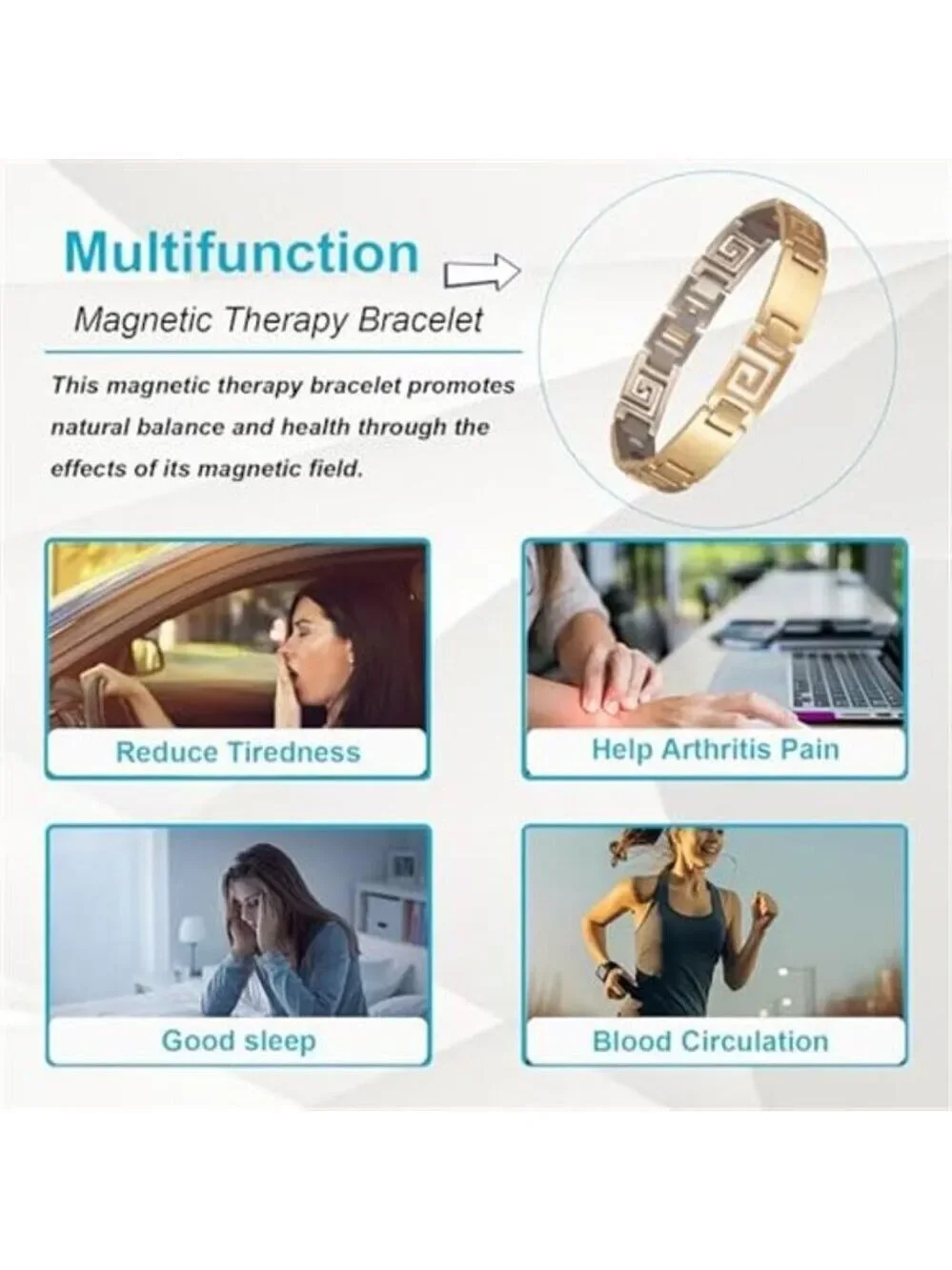 Magnetic Bracelet for Women Men, 9.44'' Unique Design Gold Titanium Steel